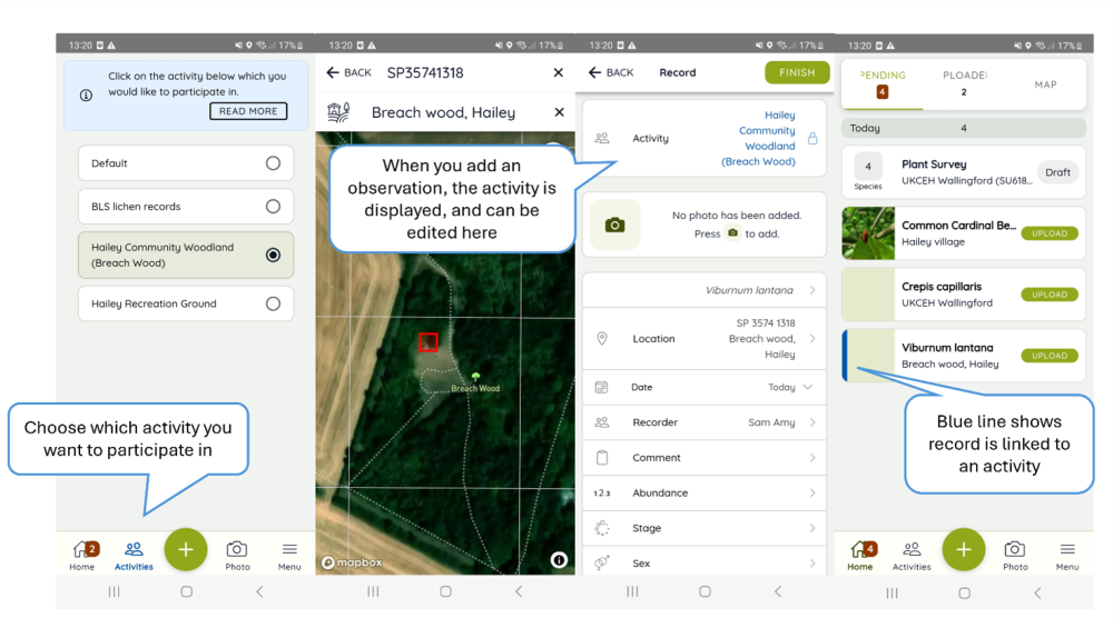 Screenshots showing how to link to activities in the app